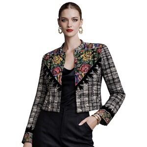 Milagros Hand Loomed Artisan Cropped Jacket Folk Floral Size M